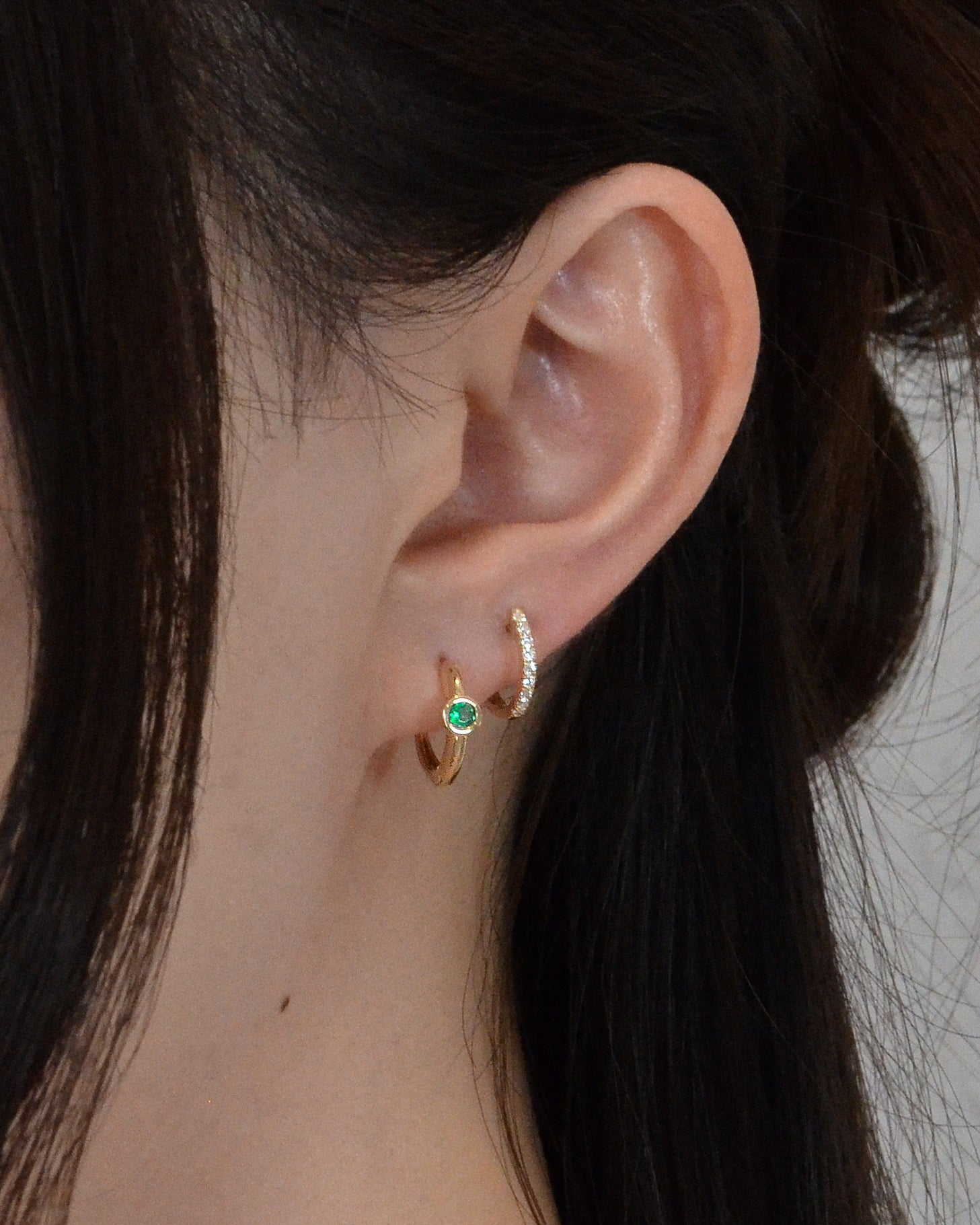 Bezel Emerald Huggie Earrings